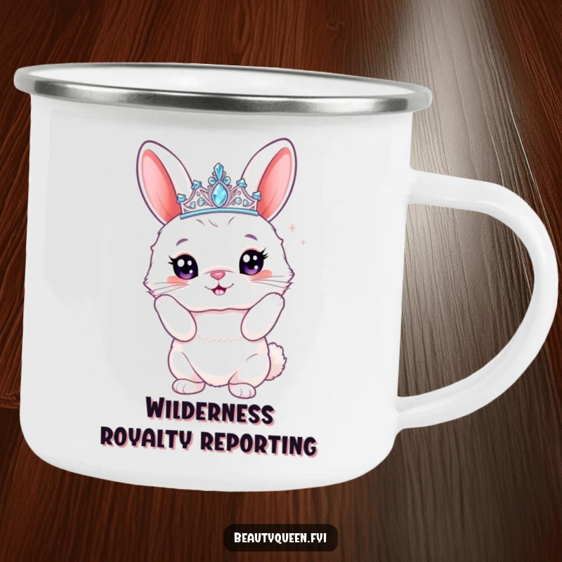 Funny bunny camping mug featuring a fluffy rabbit in a sparkly tiara, striking a proud pose, ideal for enjoying hot drinks outdoors with humor.