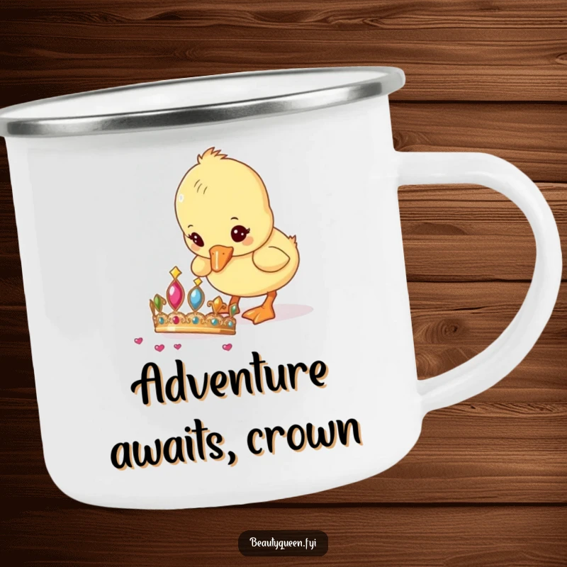Funny Camping Mug showing a curious duckling pecking at a tiara, perfect for sipping coffee amidst nature's funny surprises.