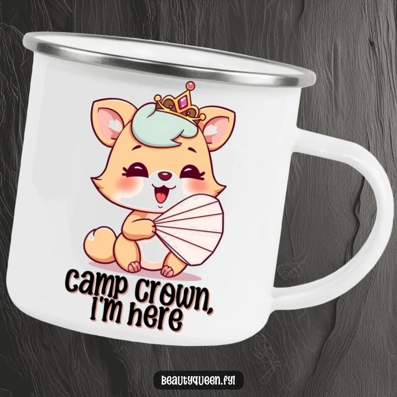Funny camping mug showing a playful animal with a tilted tiara, giggling behind a fan, ready for campfire tales.
