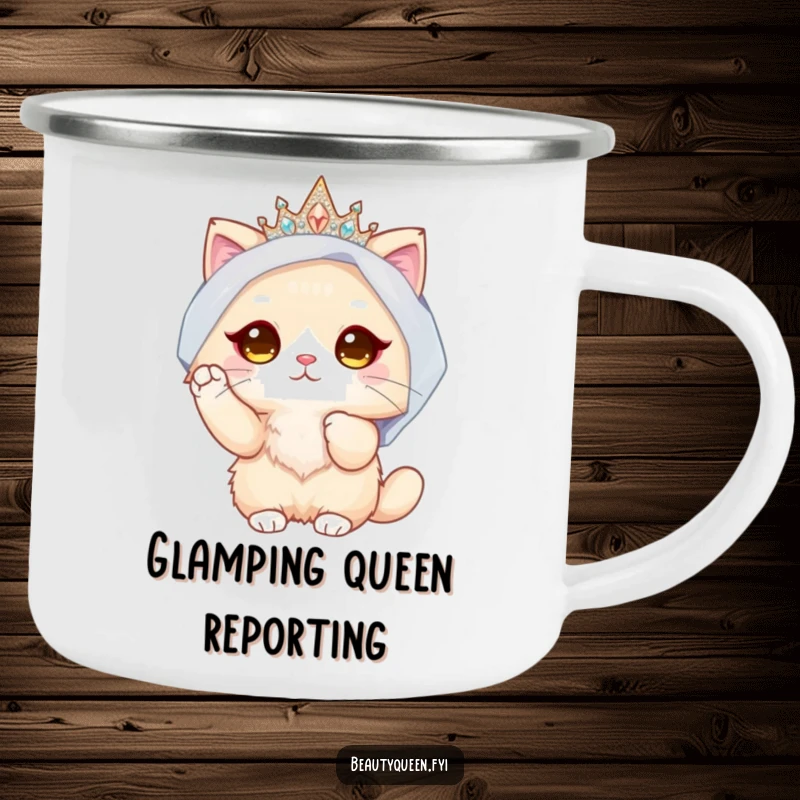 Funny Cat Bride Camping Mug: Durable enamel mug featuring a fluffy cat in a crown and veil, adjusting her bridal appearance.