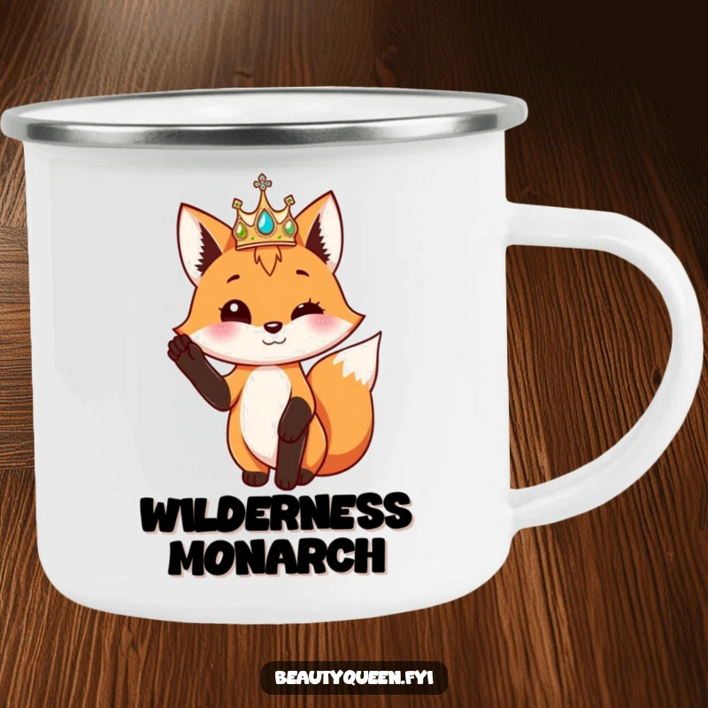 Funny fox wearing a shimmering crown poses elegantly with one paw raised, on a camping mug.