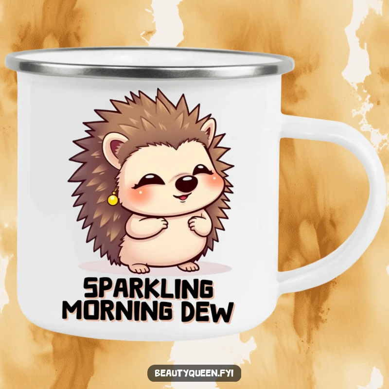 Funny giggling hedgehog wearing tiny earrings, mid-curtsy on a durable camping mug for outdoor adventures.