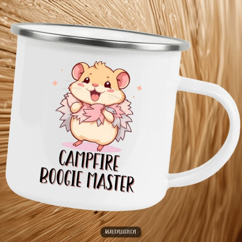 Funny Hamster Camping Mug: Durable enamel mug featuring a squeaking hamster in a feathered boa, doing a happy little dance.