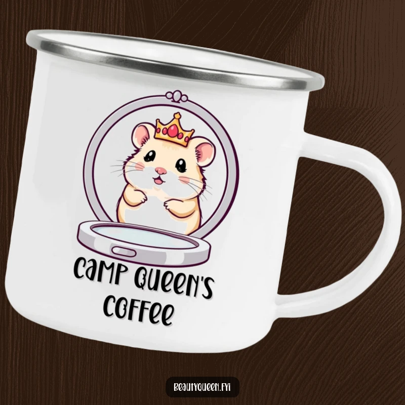 Funny camping mug with a cute hamster queen in a tiny crown peeking from behind a large compact mirror, ready for campfire reflection.