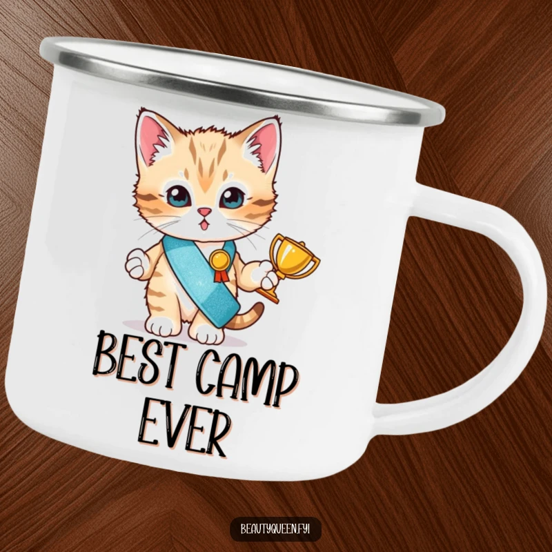 Funny camping mug showing a tiny kitten with a glitter sash and trophy, ready for any outdoor adventure.