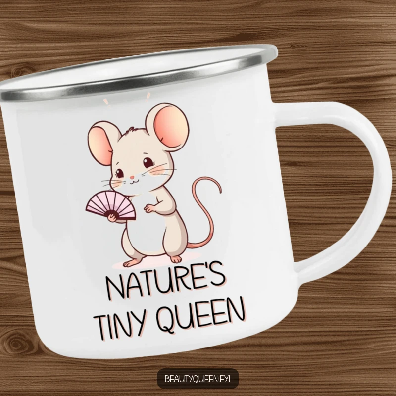 Funny mouse camping mug showing a sweet mouse practicing a regal wave with a tiny fan, perfect for enjoying drinks outdoors with dainty humor.