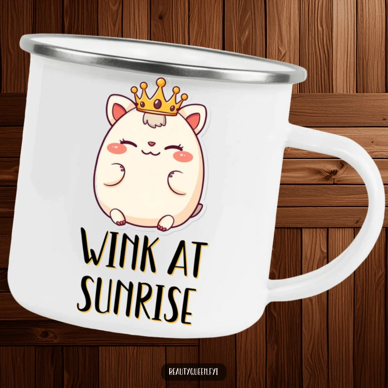 Funny camping mug with a chubby animal character wearing a tiny crown, winking playfully, ready for outdoor fun.