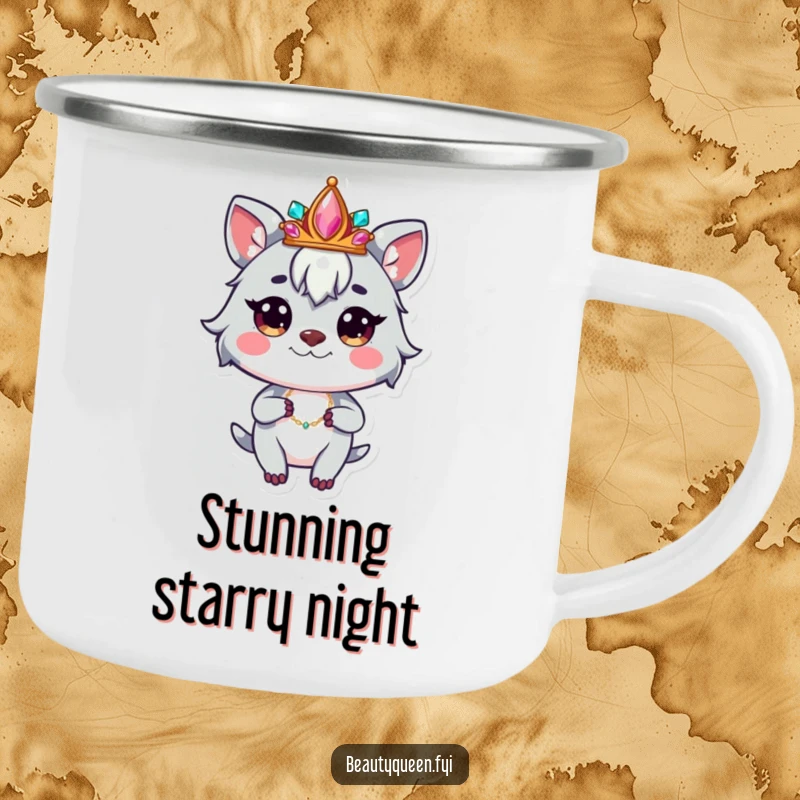 Funny camping mug with a whimsical animal character wearing a jeweled crown, striking a confident pose, ready for adventure.