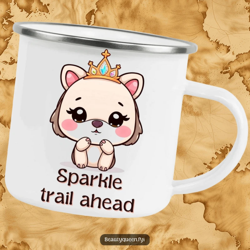 Funny camping mug with a cute animal sporting a sparkly tiara, blowing a kiss goodbye, ready for outdoor fun.