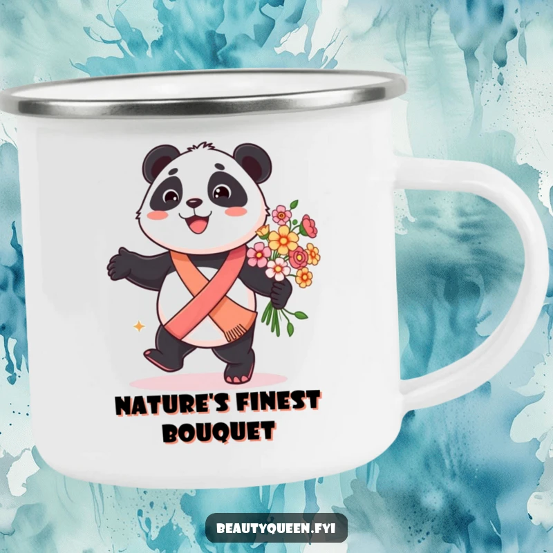 Funny camping mug featuring a smiling panda wearing a sash, prancing with flowers in an outdoor setting.