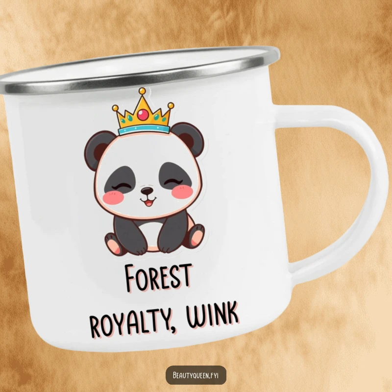 Funny panda tiara camping mug, winking bear enamel cup, durable for outdoor excursions, a humorous and cheerful gift.