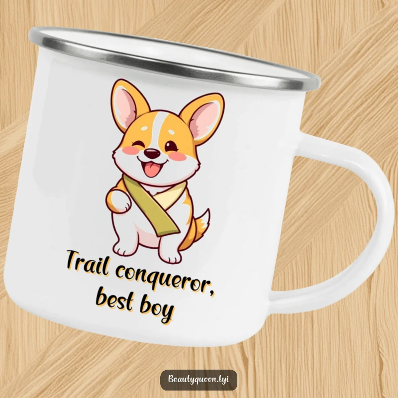 Funny proud corgi wearing a sash, beaming with excitement on a durable camping mug.