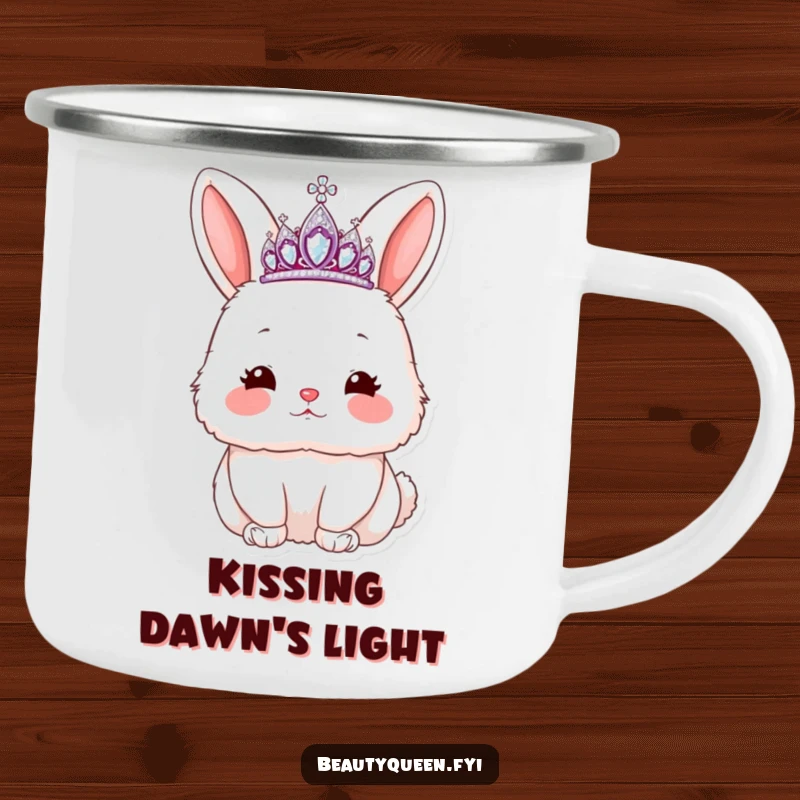 Funny rabbit camping mug showing a fluffy bunny in a tiara, blowing a kiss with rosy cheeks, for outdoor enjoyment.