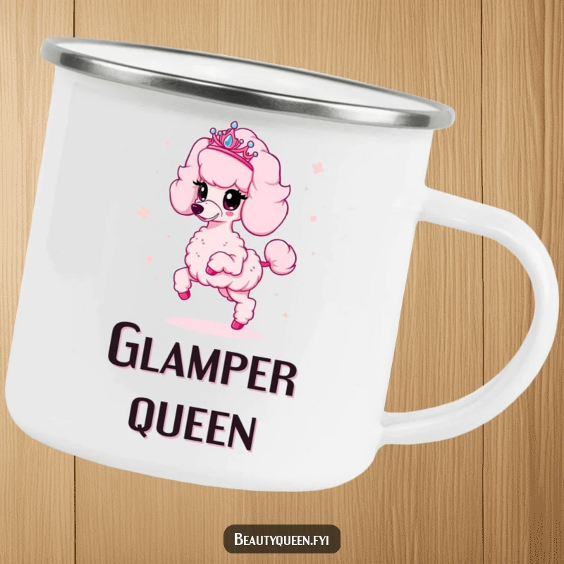Funny poodle camping mug featuring a fluffy pink poodle in a tiara, prancing and scattering sparkles, perfect for durable outdoor use.