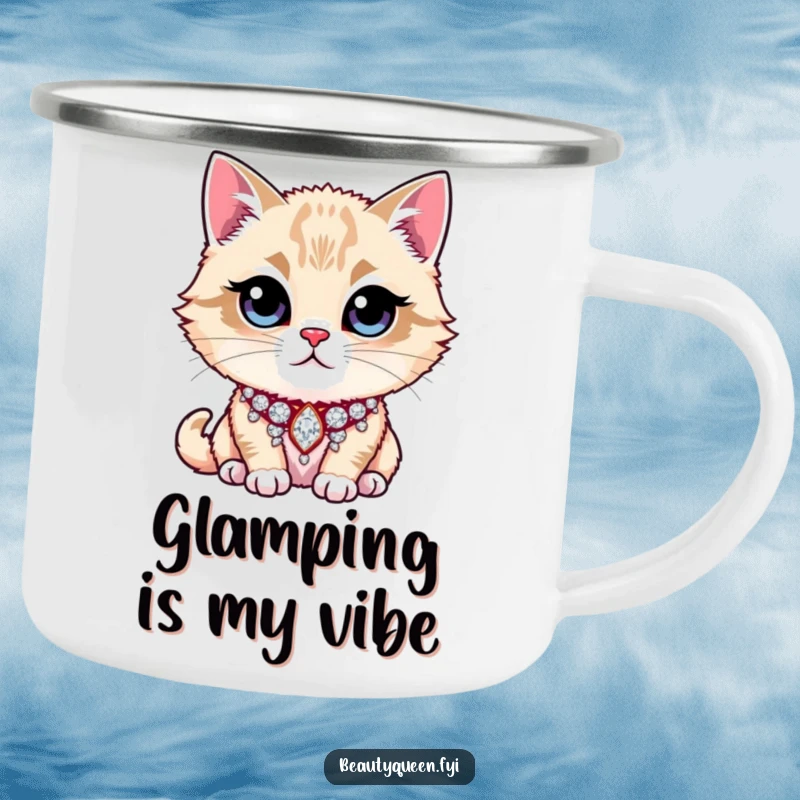 Funny Camping Mug showcasing a majestic cat with a glittering rhinestone collar, perfect for sipping coffee during outdoor escapades.