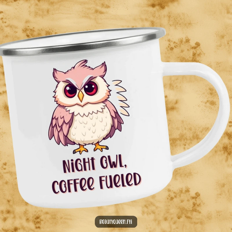 Funny chic owl with feathered boa, striking a confident pose on a durable camping mug for outdoor enjoyment.