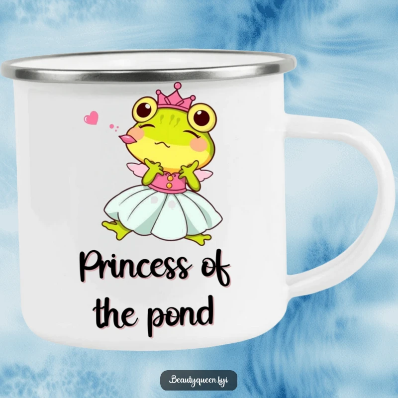 Funny Princess Frog Camping Mug, a cute royal frog blowing a kiss, ready for outdoor humor and drinks.