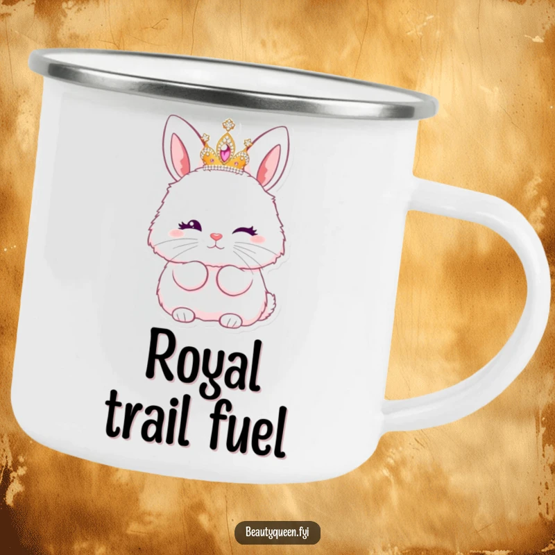 Funny camping mug with a fluffy bunny queen in a tiara, winking and blowing a kiss.