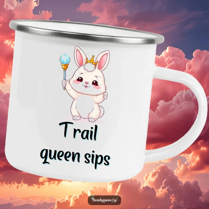 Funny bunny in a tiara playfully tossing a sparkling scepter, designed for a durable camping mug. Whimsical outdoor art.