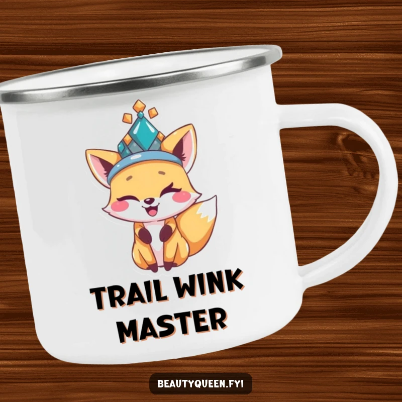 Funny happy fox in a bejeweled hat, winking playfully, designed for a durable and humorous camping mug.