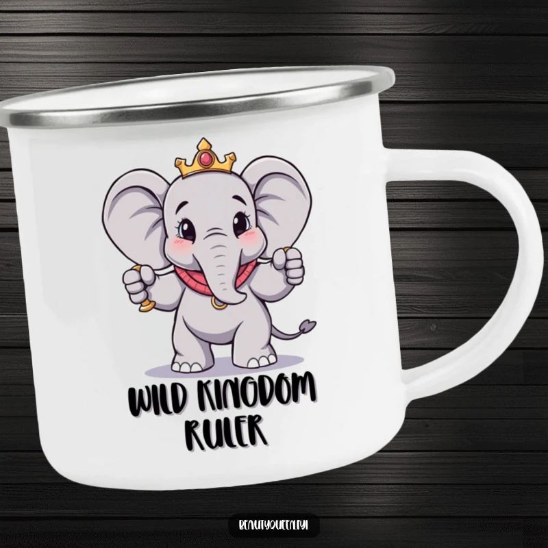 Funny elephant camping mug showing a regal elephant in a dramatic pose with a scepter, perfect for enjoying drinks outdoors with majestic humor.