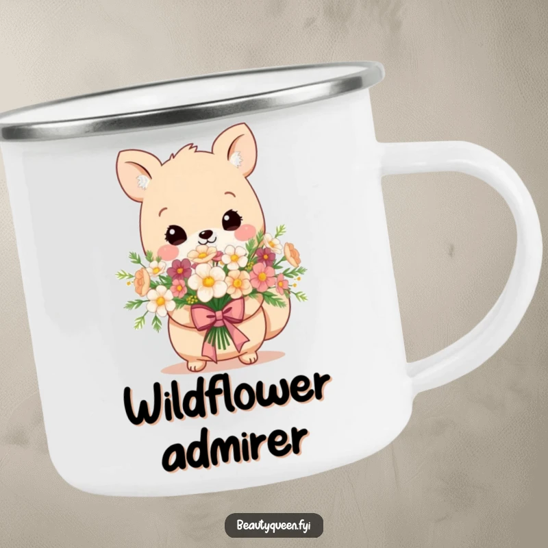 Funny camping mug with an adorable animal holding a bouquet of flowers, tied with an elegant, regal bow.