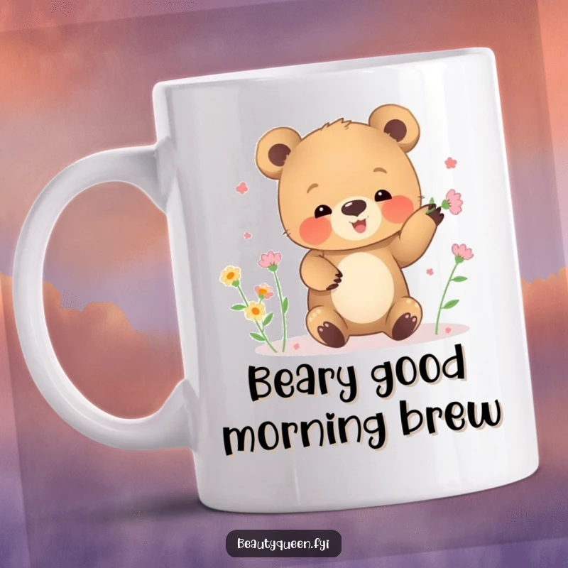 Funny mug showing a small, cute bear cub clumsily juggling tiny, colorful blooming flowers.