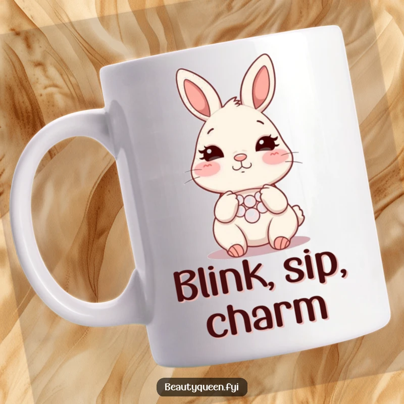 Funny blushing bunny adjusting pearl necklace mug, cute rabbit with glamorous accessory, conveying shyness and charm, a perfect funny gift.