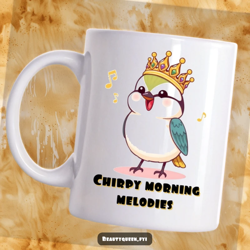Funny Chickadee Mug: A charming chickadee wearing a royal headdress happily chirps a delightful tune, spreading joy and humor.