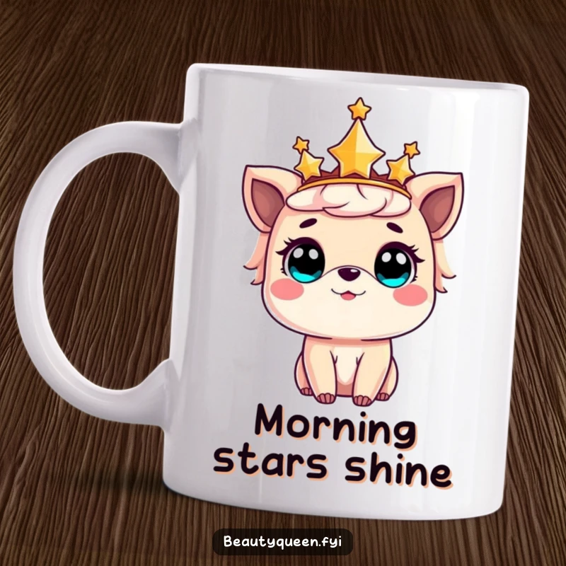 Funny mug featuring a sweet animal wearing a crown with stars, eyes wide with amazement and wonder.