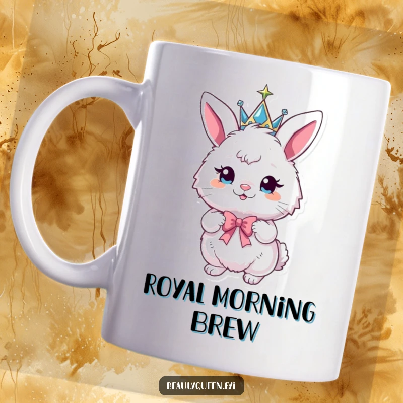 Funny bunny mug featuring a fluffy bunny wearing a sparkly crown and striking a playful pose with a bow.