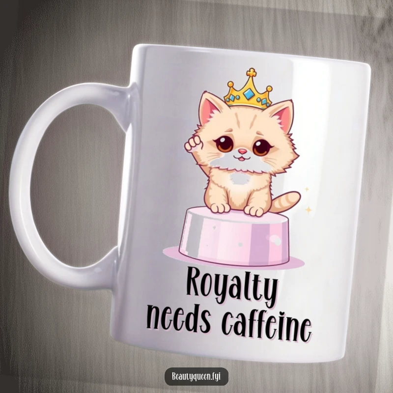 Funny cat wearing crown mug, majestic feline on pedestal, dramatic pose, regal humor, a perfect funny gift for cat lovers.