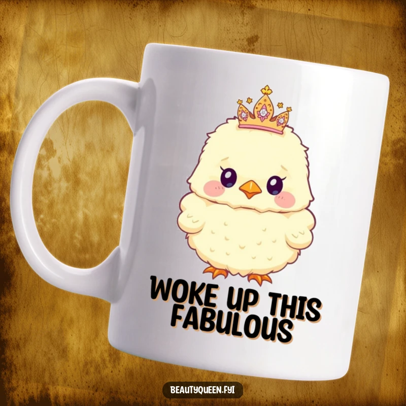 Funny Chick Mug showing a fluffy baby chick with a tiny, sparkly tiara tilted adorably askew on its head.