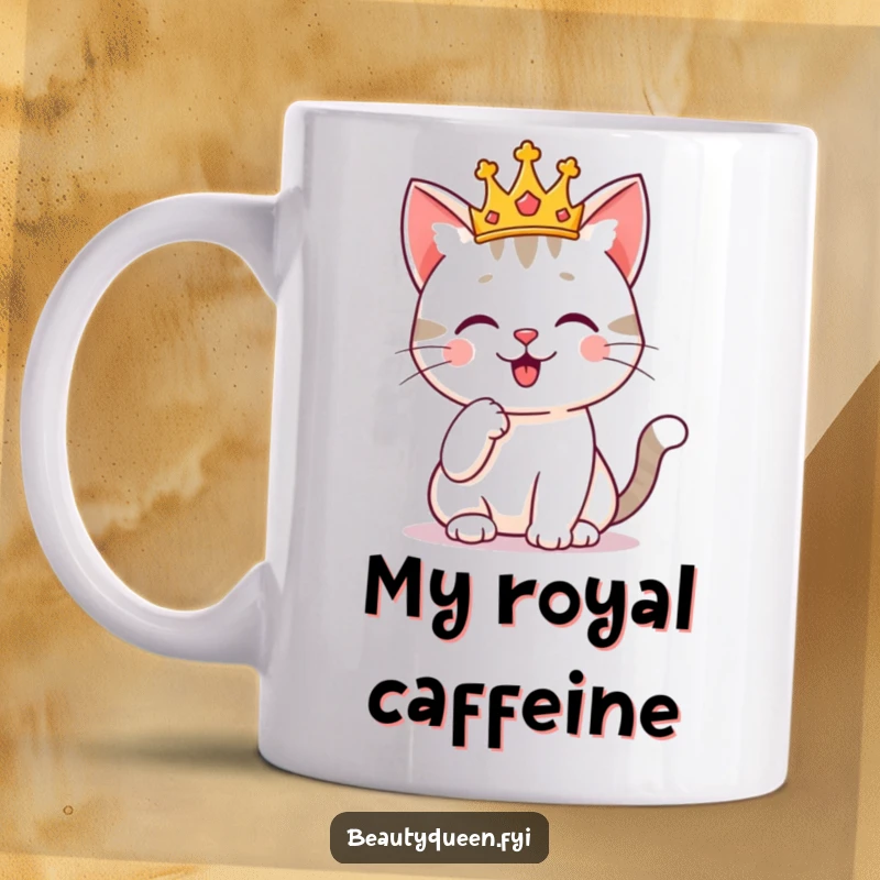 Funny cheerful cat wearing a tiny crown, posing thoughtfully with a paw on its chin. A regal and humorous illustration for a mug.