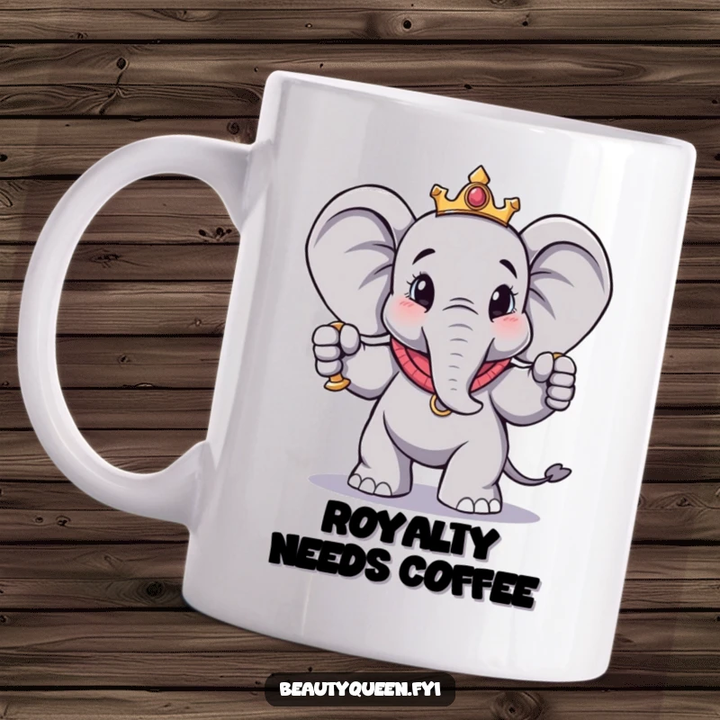 Funny elephant mug showing a charming, regal elephant striking a dramatic pose holding a golden scepter, exuding comedic authority.