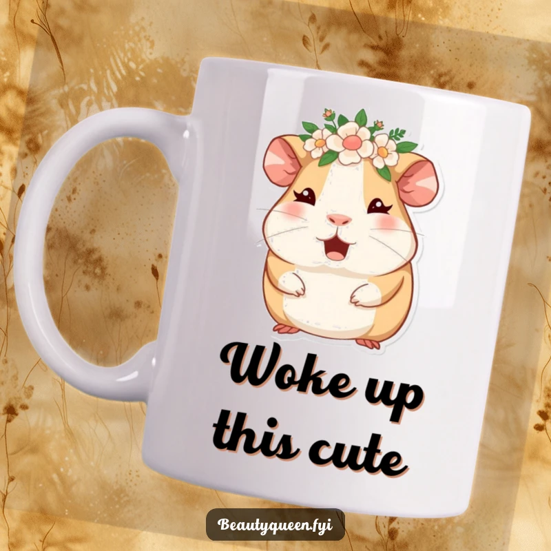 Funny giggling guinea pig wearing a floral crown, winking enthusiastically. An adorable and humorous illustration for a mug.