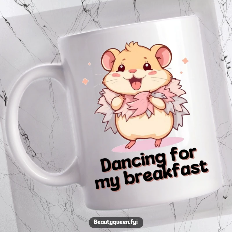 Funny Hamster Mug: Squeaking hamster character wearing a feathered boa, doing a happy little dance, full of playful energy.