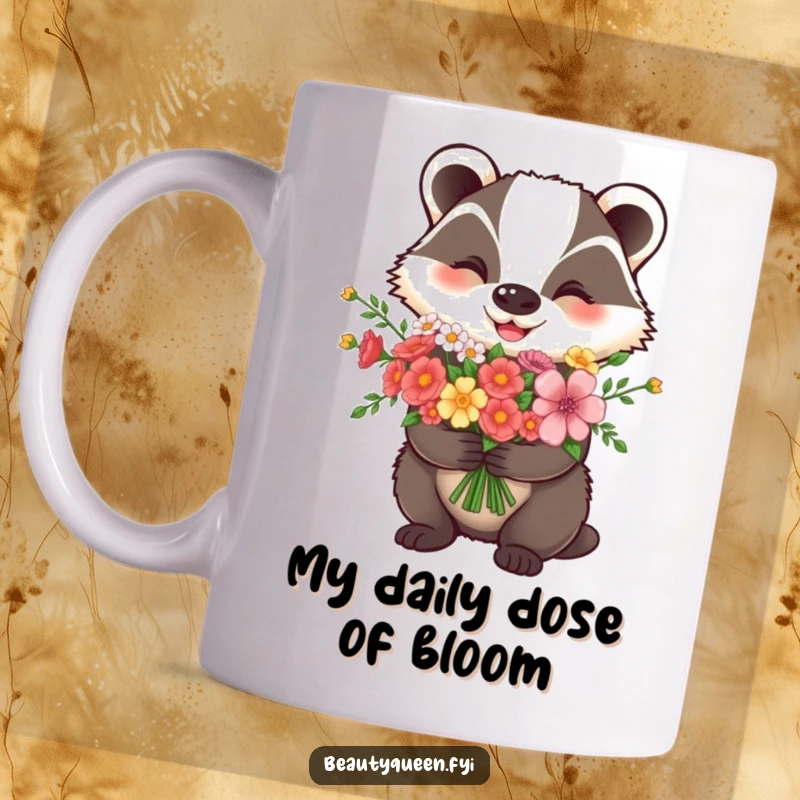 Funny Mug: Happy badger proudly holding a vibrant bouquet of flowers, radiating pure joy and cuteness.