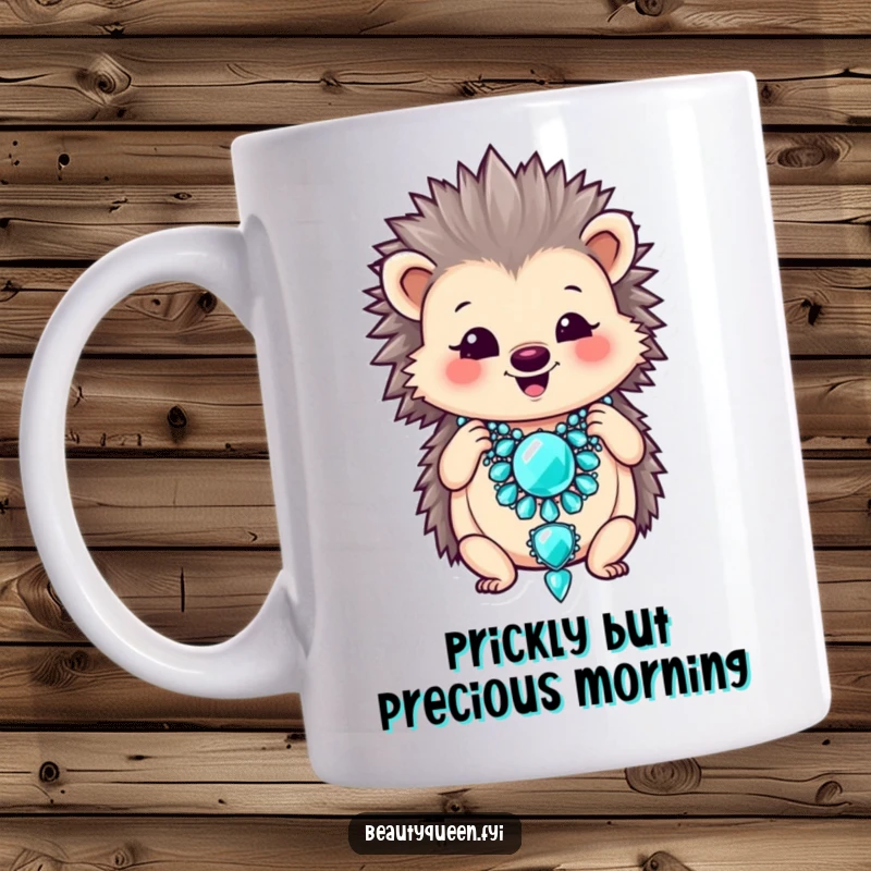 Funny mug of a smiling hedgehog adjusting a large, sparkly jeweled necklace with a happy expression.
