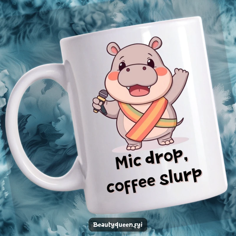 Funny hippo mug featuring a gentle hippo wearing a sash and enthusiastically waving a microphone, ready to perform.