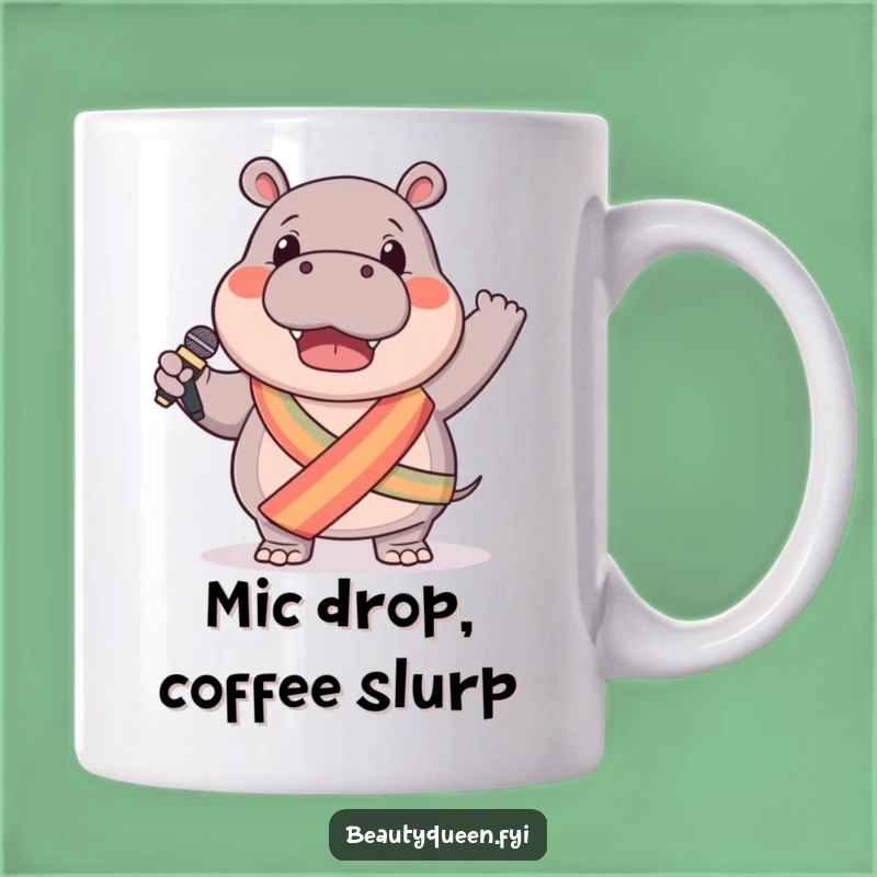Funny Hippo Mug: Star Performer with Sash & Mic, Hilarious Gift for Music Lovers