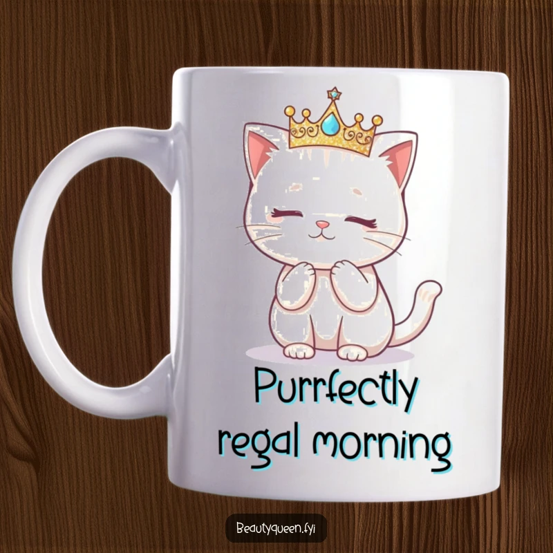 Funny mug of a kawaii cat wearing a glittery crown, attempting a cute and clumsy curtsy.