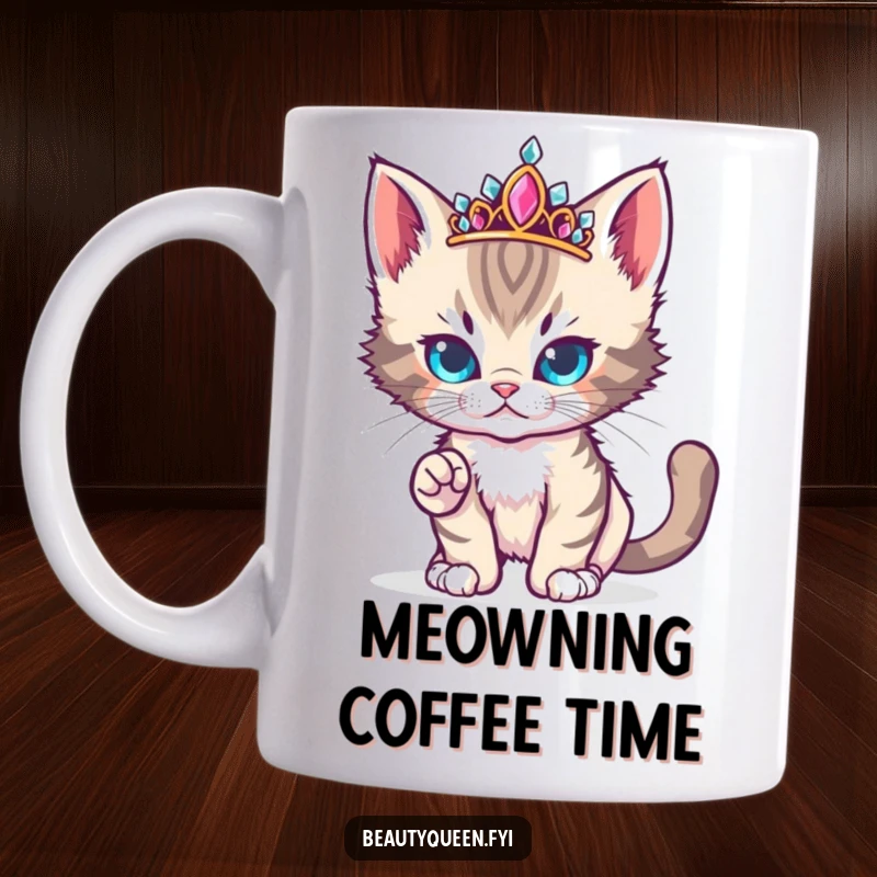 Funny cute kitten wearing a jeweled tiara strikes a fierce yet adorable runway pose on a mug.