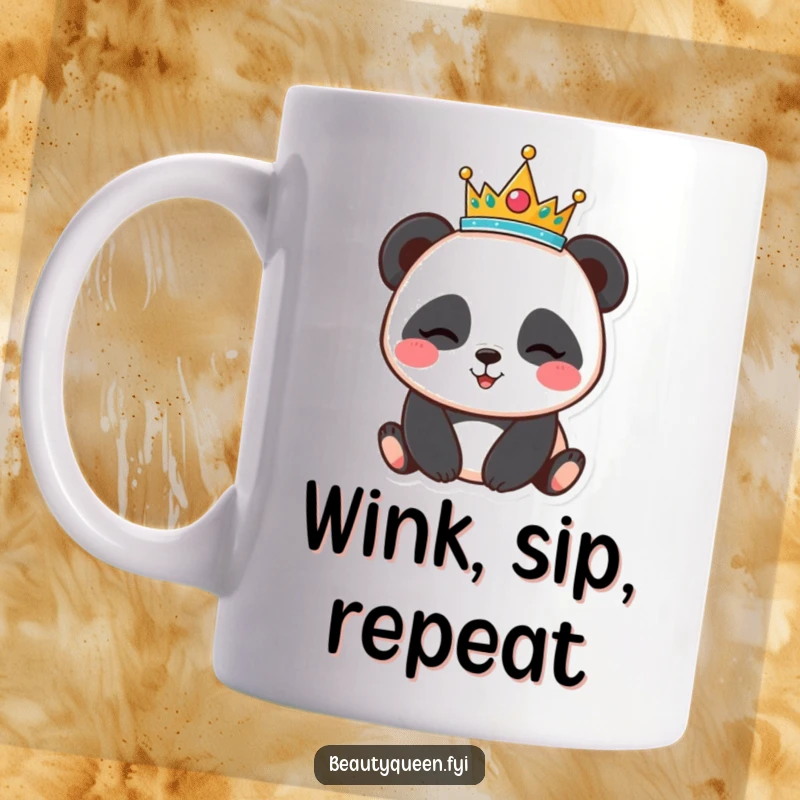 Funny panda balancing tiara mug, winking playfully, cute bear with royal accessory, conveying cheerfulness and humor, a delightful funny gift.