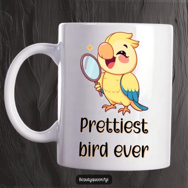 Funny parrot mug with a joyful parrot flashing a big smile while holding a mirror, celebrating self-love with comedic flair.