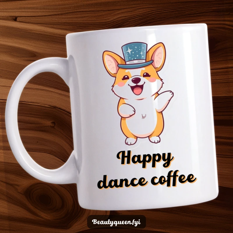 Funny giggling corgi wearing a dazzling sequined top hat, joyfully doing a little dance, printed on a mug.