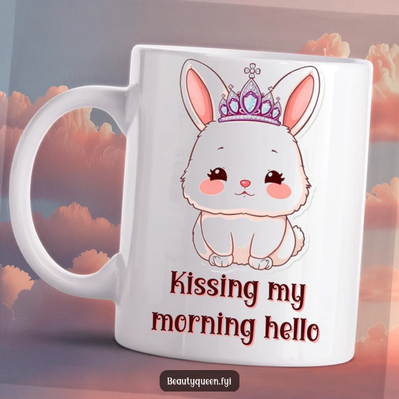 Funny rabbit mug featuring a fluffy bunny in a sparkling tiara, blowing a kiss with rosy cheeks, perfect for gifting.