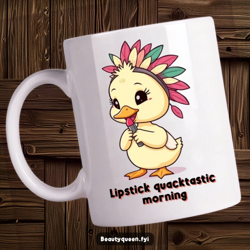 Funny duckling wearing a feathered headdress posing confidently with a bright red lipstick, ready for a photoshoot.