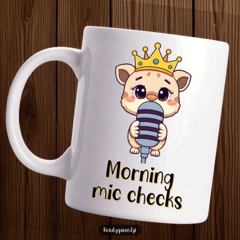Funny mug showing a curious animal wearing a tilted crown, peeking intently over a large microphone.