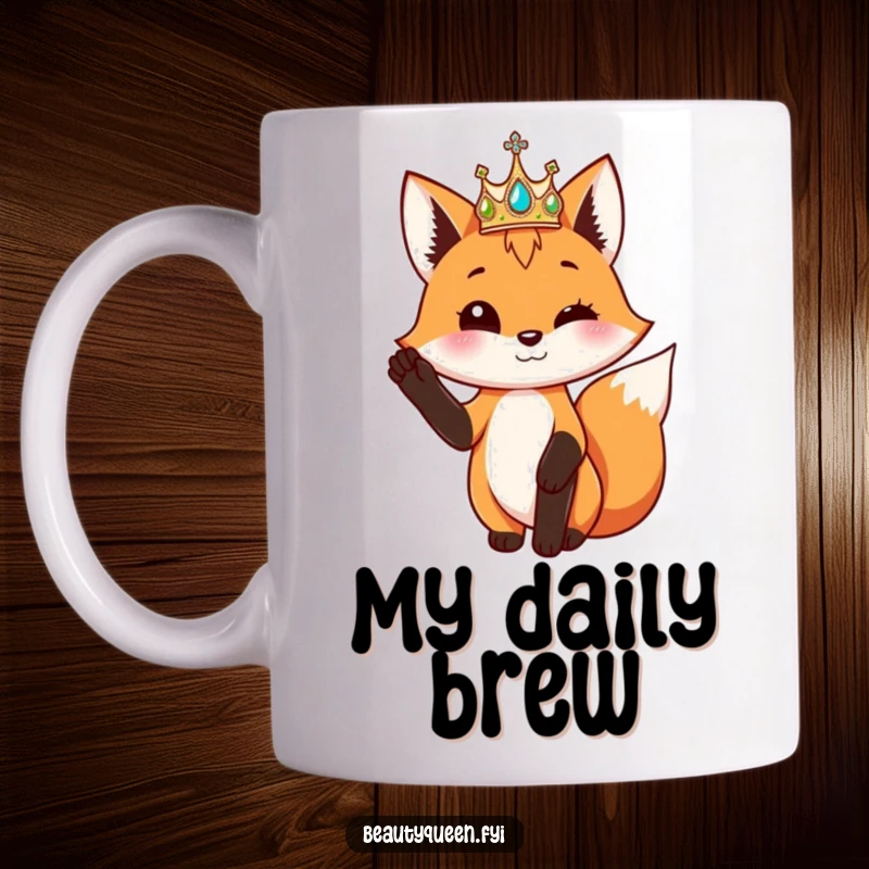 Funny playful fox wearing a shimmering crown poses elegantly with one paw raised on a mug.